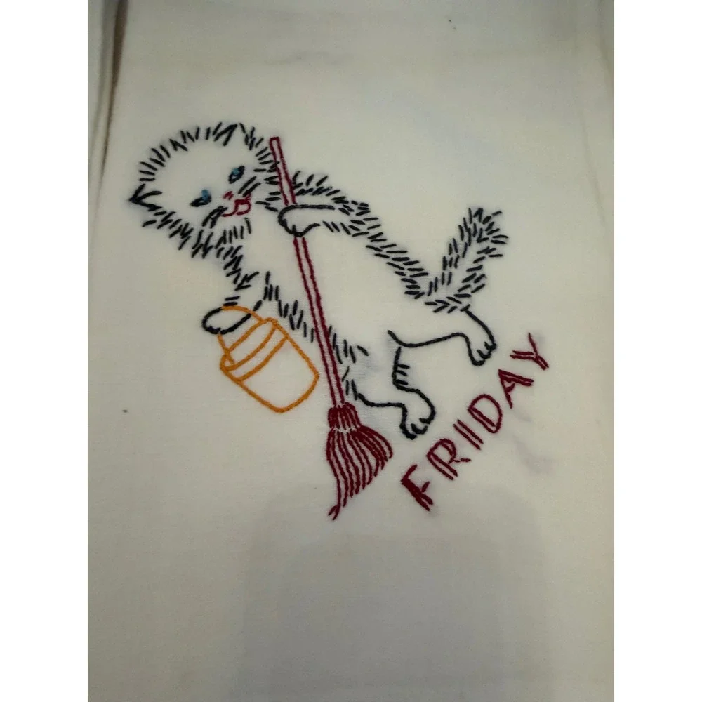 Vintage Hand Embroidered Kitten Days of the Week Tea Towels Friday Saturday Set